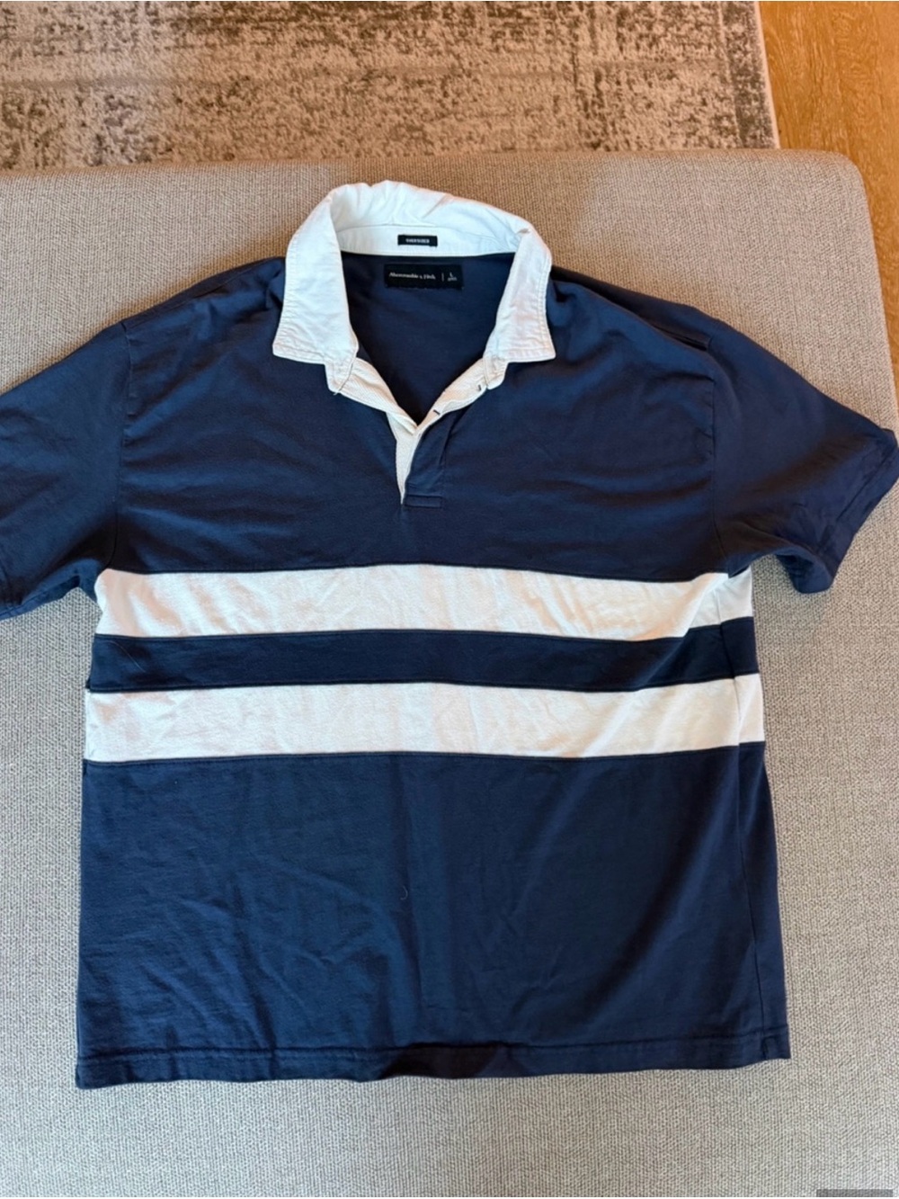 Abercrombie & Fitch Navy and White Striped Rugby Polo